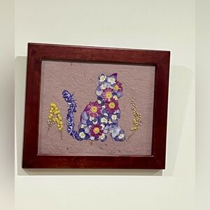 Framed Floral Cat Wall Art - Pressed Dry Flowers Art